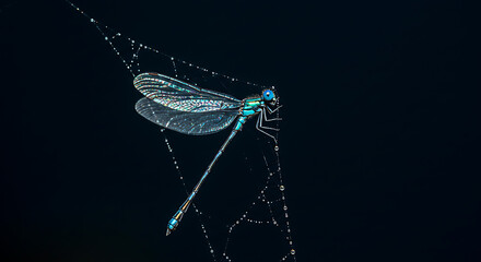 Close Up Of A Blue Dragonfly Perched On String Of Dew Drops