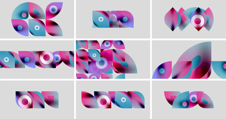 Poster - Abstract colorful shapes arranged in grid. Soft gradients, overlapping forms, modern design elements present. Visually appealing composition.