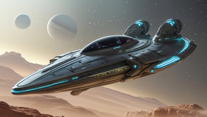Wall Mural - Futuristic spacecraft over a desert planet.
