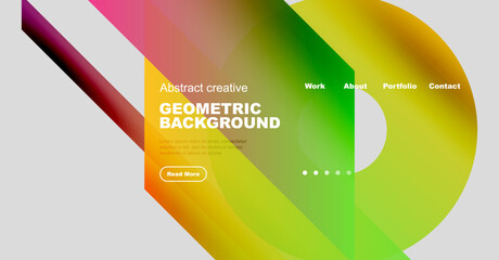 Poster - Modern website mockup features vibrant geometric shapes, text overlay, navigation menu. Clean design promotes creativity, information access.