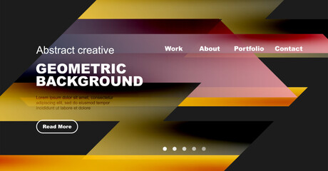 Poster - Modern design features vibrant geometric shapes, text overlay, navigation menu. Dark background enhances visual impact, creating dynamic composition.