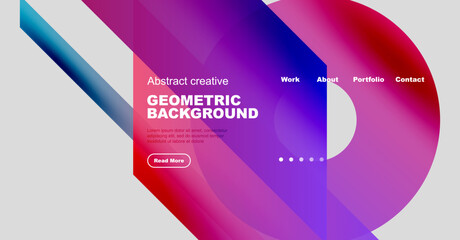 Poster - Modern website header design. Vibrant gradients, geometric shapes, text overlay, navigation menu present. Clean, stylish presentation.