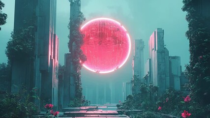 Wall Mural - pink planet rising over deserted futuristic city with lush vegetation