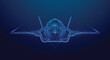© Panuwat - Futuristic low poly wireframe fighter jet in holographic style, glowing with blue neon lines on dark background. Sci-fi aviation and military technology concept. vector eps10