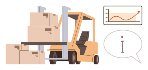 Poster - Forklift carrying boxes, growth chart with upward curve, speech bubble with info. Ideal for logistics, business growth, inventory management, supply chain, warehouse efficiency, production simple