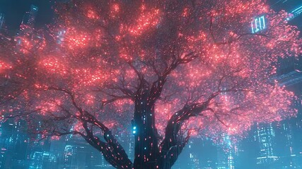 Wall Mural - glowing red tree illuminating futuristic cityscape at night