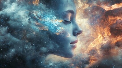 Wall Mural - Abstract art of a woman's face surrounded by blue and orange nebulae.