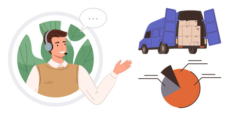 Poster - Man wearing headset gesturing, delivery truck stacked with packages, and analytics chart sections. Ideal for logistics, shipping, customer service, business analytics, delivery, communication