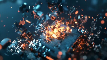 Wall Mural - quantum computer is exploding with orange light and flying components