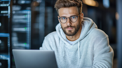Focused man in hoodie working on laptop in modern tech environment