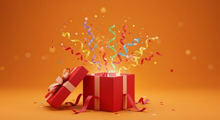 Red gift box exploding with confetti and party hats 
