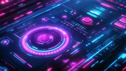 Canvas Print - futuristic interface showing rotating circular element with glowing lights and data processing