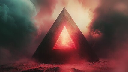 Wall Mural - glowing triangular portal emerging from dark clouds in a surreal landscape