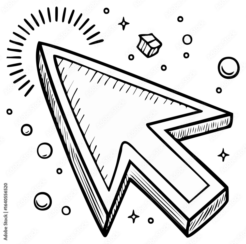 Dynamic 3D cursor arrow icon clicking in a black and white hand drawn ...