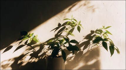 Wall Mural - sunlight casts shadows on a houseplant.