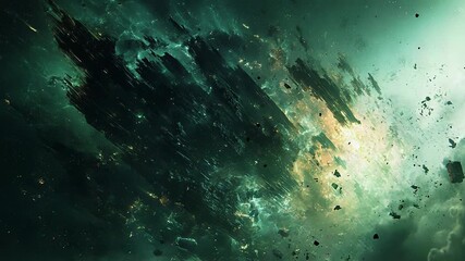 Wall Mural - spaceship exploding in a green nebula with debris flying around