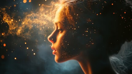 Wall Mural - A woman's face is surrounded by glowing light and sparks. The concept of imagination, inspiration, and creativity.