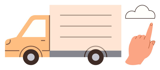 Poster - Yellow delivery truck beside a hand pointing at a cloud, representing digital logistics, cloud storage, automation, connectivity, transportation, modern solutions, flexible supply chains, simple flat