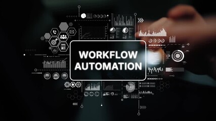 Poster - Business Person Using Computer with Workflow Automation Graphics and Digital Data Visualization Elements in Office Setting. Asymptotic smart data analytic.