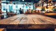© Generative AI - Rustic Wooden Tabletop in Blurred Restaurant Setting, Perfect for Food Photography or Product Mockups