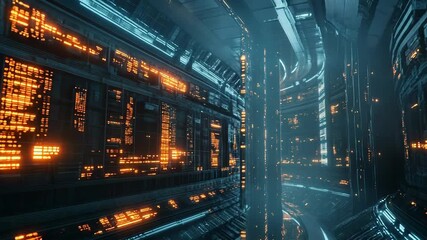 Wall Mural - futuristic server room showing running diagnostics in orange and blue colors