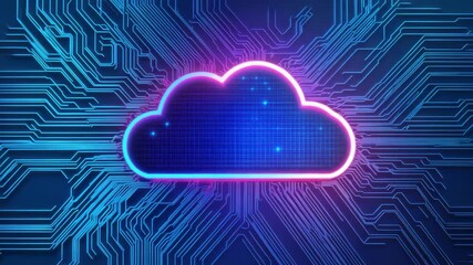 Wall Mural - neon cloud icon glowing with blue and purple light on digital circuit board background symbolizing f