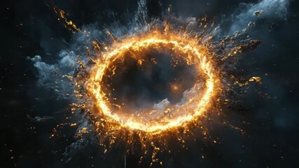 Wall Mural - Fiery ring explosion with glowing sparks, smoke, and bright orange flames in dark space creating dramatic, intense visual effect bursting with powerful energy and dynamic flame burst