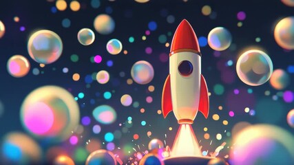Wall Mural - Rocket launch with colorful glowing bubbles in dark space, vibrant light reflections and dynamic motion creating playful energetic atmosphere with bright glowing bubbles floating around