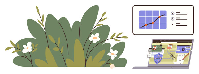 Poster - Bush with white flowers beside analytics and security laptop interface, highlighting harmony of technology and nature. Ideal for eco-tech, data protection, innovation, environment, sustainability