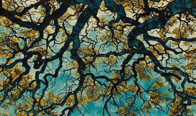 Majestic tree canopy view with branches and leaves against a sky background