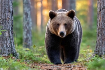 Wall Mural - brown bear walking in forest during golden hour sunlight
