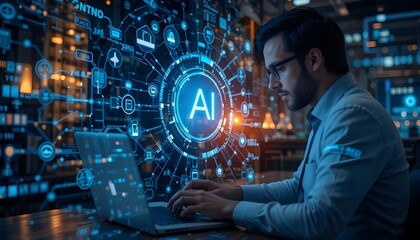 Innovative AI technology solutions with dynamic developer coding on laptop for data driven business