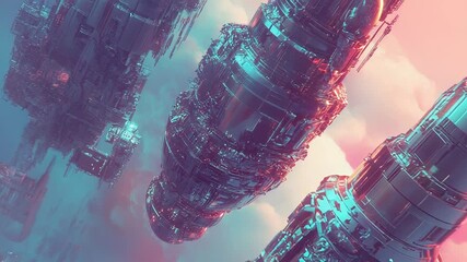 Wall Mural - futuristic spaceships flying over alien city with pink and blue sky
