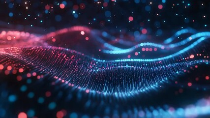 Wall Mural - abstract blue and red particles flowing and forming a digital wave