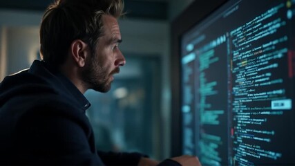 Focused coder analyzing complex code on a high-resolution monitor for improvements