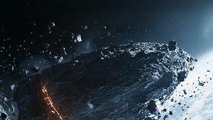 Wall Mural - spaceship mining asteroid belt around frozen planet in outer space