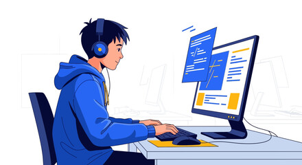Cartoon programmer coding on computer, wearing headphones with code elements