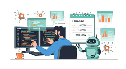Creative Software Development Process With Programmer And Ai Assistant Illustration