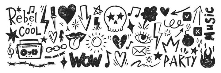 grange punk elements with chalk, pastel or crayon texture. hand drawn sketch tattoo shapes. color ve