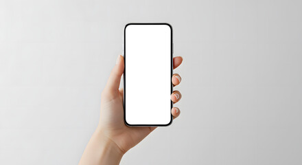 Hand holding smartphone with blank white screen on light gray background, great for technology presentation or app display.