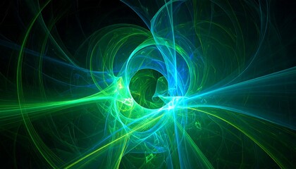abstract green and blue swirling light trails on dark background