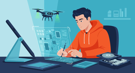 Engineer Designing Drone Components on Holographic Display with Advanced Technologies