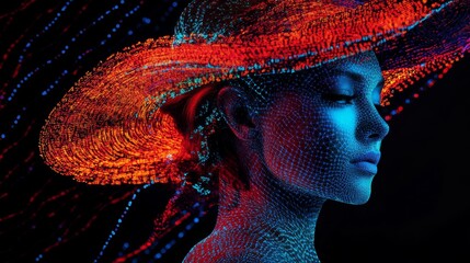 Wall Mural - a stunning portrait of a woman in a vibrant hat. the artwork showcases a fusion of colors and light.