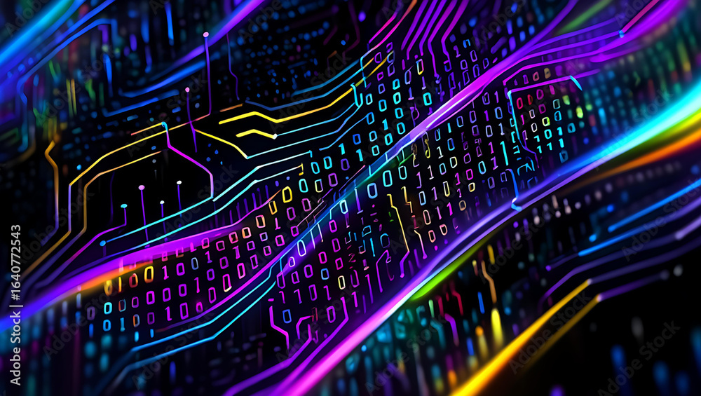 Abstract digital circuit board with binary code and neon lights technology data