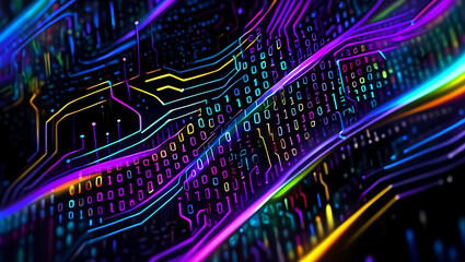 Abstract digital circuit board with binary code and neon lights technology data