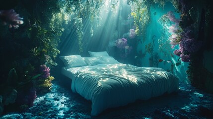 Wall Mural - a dreamy bedroom submerged in an underwater paradise. sunlight filters through the water. vibrant co