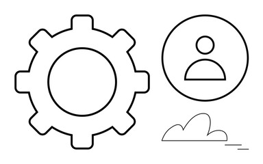 Poster - Gear for settings, profile for user identity, and cloud for tech and data storage. Ideal for themes of technology, software, user management, cloud storage, networking settings innovation. Simple