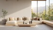 © Generative AI - Minimalist Living Room Interior with Panoramic Mountain View and Natural Light, Featuring Neutral Tones and Clean Lines