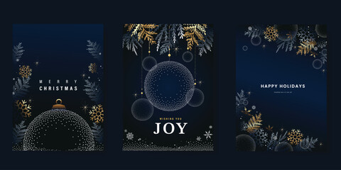 Wall Mural - Christmas and Happy Holidays invitation card design vector. Pine leaves, bauble, snowflake, spot texture on navy blue background. Design for Season's Greeting, Christmas, cover.