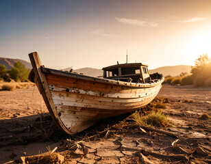 Naklejka na meble An old wooden boat lies abandoned on cracked desert earth at sunset, symbolizing time, drought, and resilience in a desolate landscape.
